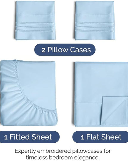 Queen Size 4 Piece Sheet Set - Comfy Breathable & Cooling Sheets - Hotel Luxury Bed Sheets for Women & Men - Deep Pockets, Easy-Fit, Soft & Wrinkle Free Sheets - Light Blue Oeko-Tex Bed Sheet Set - LeafyLoom