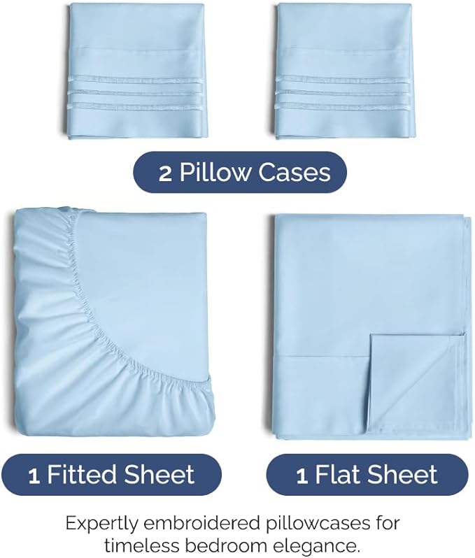 Queen Size 4 Piece Sheet Set - Comfy Breathable & Cooling Sheets - Hotel Luxury Bed Sheets for Women & Men - Deep Pockets, Easy-Fit, Soft & Wrinkle Free Sheets - Light Blue Oeko-Tex Bed Sheet Set - LeafyLoom