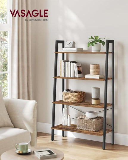 VASAGLE Ladder Shelf, 4-Tier Bookshelf, Storage Rack, Bookcase with Steel Frame, for Living Room, Home Office, Kitchen, Bedroom, Industrial Style, Rustic Brown and Black ULLS144B01 - LeafyLoom