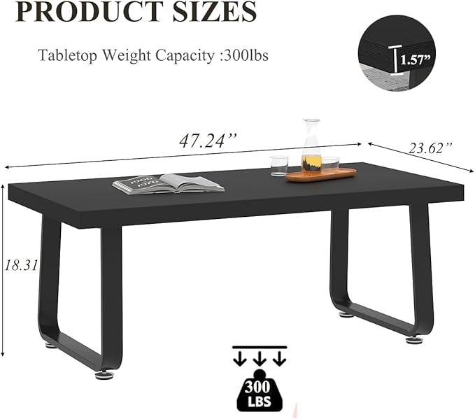 HSH Black Coffee Table, Industrial Wood and Metal Legs Center Table, Modern Minimalist Rectangle Cocktail Table for Living Room, Farmhouse Wooden Tea Table for Bedroom Home Office, Black Oak, 47 Inch - LeafyLoom