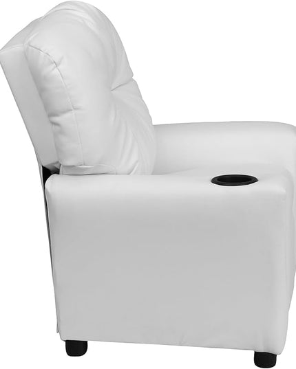 Flash Furniture Chandler Vinyl Kids Recliner with Cup Holder and Safety Recline, Contemporary Reclining Chair for Kids, Supports up to 90 lbs., White - LeafyLoom