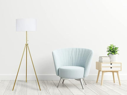 O’Bright Tripod Floor Lamp, Adjustable in Height, 100% Metal Body with Linen Drum Shade, E26 Socket, Bedside Lamp, Standing Light for Living Room, Bedroom, Office, Antique Brass - LeafyLoom