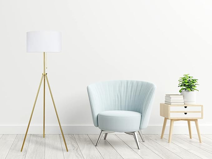 O’Bright Tripod Floor Lamp, Adjustable in Height, 100% Metal Body with Linen Drum Shade, E26 Socket, Bedside Lamp, Standing Light for Living Room, Bedroom, Office, Antique Brass - LeafyLoom