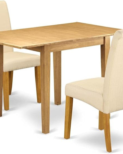 East West Furniture NDBA3-OAK-02 Norden 3 Piece Modern Dining Set Contains a Rectangle Wooden Table with Dropleaf and 2 Light Beige Linen Fabric Upholstered Chairs, 30x48 Inch, Oak - LeafyLoom