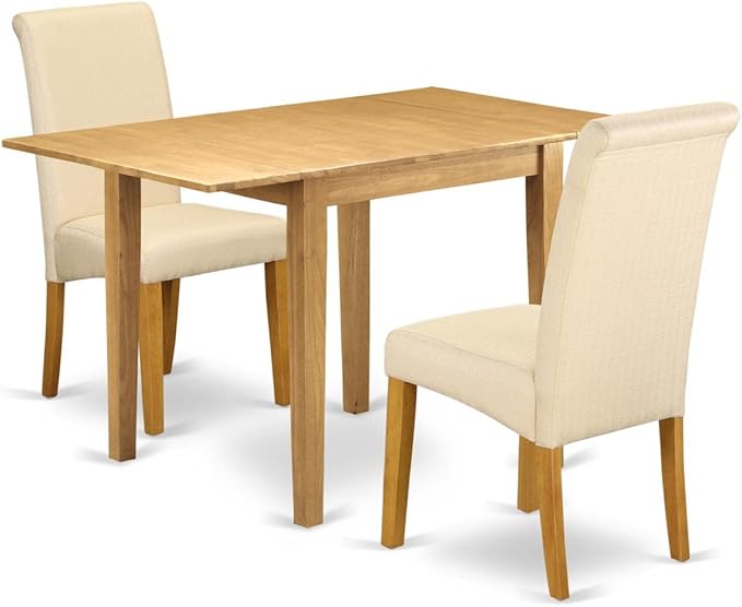 East West Furniture NDBA3-OAK-02 Norden 3 Piece Modern Dining Set Contains a Rectangle Wooden Table with Dropleaf and 2 Light Beige Linen Fabric Upholstered Chairs, 30x48 Inch, Oak - LeafyLoom