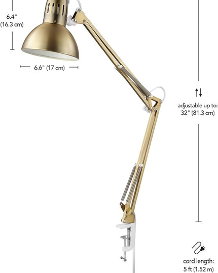 Globe Electric 62000010 32" Multi-Joint Desk Lamp with Metal Clamp, Matte Brass, White Accents, On/Off Rotary Switch on Shade, Partially Adjustable Swing Arm, Home Décor, Office Accessory - LeafyLoom