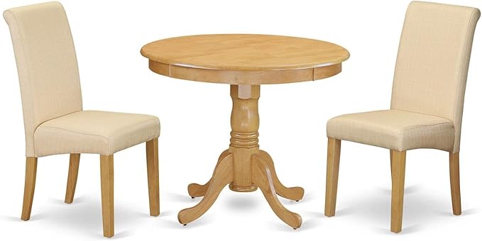 East West Furniture ANBA3-OAK-02 3 Piece Kitchen Set Contains a Round Dining Room Table with Pedestal and 2 Light Beige Linen Fabric Parson Chairs, 36x36 Inch - LeafyLoom