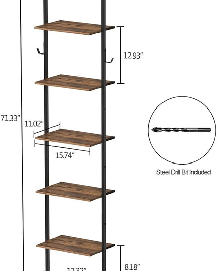 Industrial Bookshelf Wall Mounted 5-Tiers Ladder Shelf Wooden and Metal Narrow Thin Bookshelf Open Display Storage Rack for Living Room Bedroom Home Office (Rustic Brown, Small) - LeafyLoom