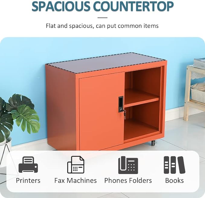 Metal Mobile Lateral File Cabinet, Storage Locker,Printer Stand with Open Storage Shelves for Office,School,Home,Living Room. (Orange) - LeafyLoom