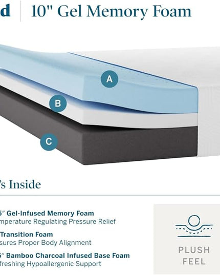 LUCID 10 Inch Memory Foam Mattress - Plush Feel - Infused with Bamboo Charcoal and Gel - Bed in a Box - Temperature Regulating - Pressure Relief - Breathable - California King Size - LeafyLoom