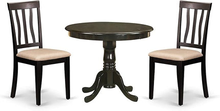 East West Furniture ANTI3-CAP-C Antique 3 Piece Room Set Contains a Round Kitchen Table with Pedestal and 2 Linen Fabric Upholstered Dining Chairs, 36x36 Inch - LeafyLoom
