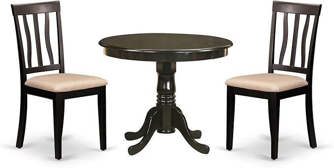 East West Furniture ANTI3-CAP-C Antique 3 Piece Room Set Contains a Round Kitchen Table with Pedestal and 2 Linen Fabric Upholstered Dining Chairs, 36x36 Inch - LeafyLoom