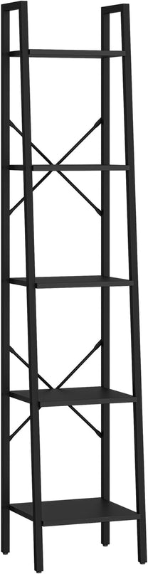 Ladder Shelf, Bookshelf Bookcase, Freestanding Corner Storage Shelve with 2 Hooks for Home Office, Living Room, Kitchen, Bedroom, Industrial, 5-Tier Black BC03204B - LeafyLoom