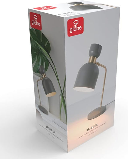 Globe Electric 52298 Harper 16" Desk Lamp, Matte Gray, Matte Brass Arm and Pivot Joint, in-Line On Off Switch - LeafyLoom