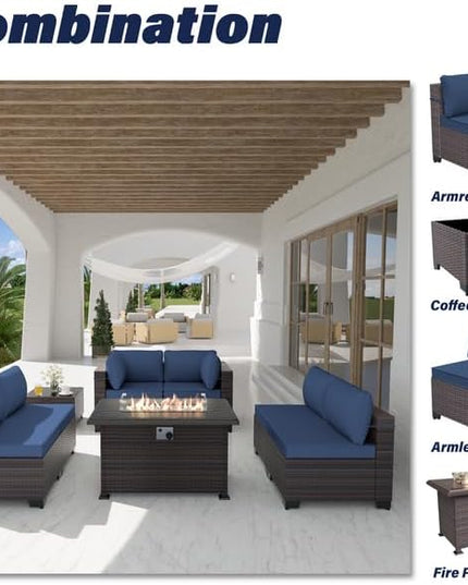 Patio Furniture Set with Fire Pit Table 8-Piece Outdoor Sectional Furniture Outdoor Rattan Patio Conversation Sets with 43in 55,000 BTU Propane Gas Fire Pit Table Glass Table, Navy Blue - LeafyLoom