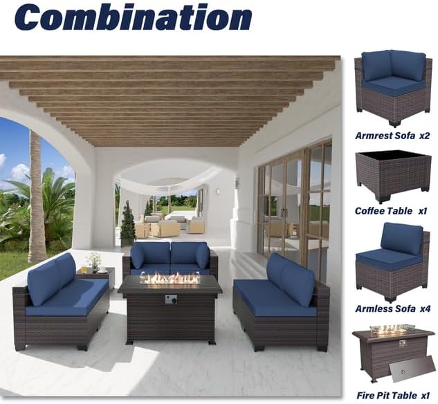 Patio Furniture Set with Fire Pit Table 8-Piece Outdoor Sectional Furniture Outdoor Rattan Patio Conversation Sets with 43in 55,000 BTU Propane Gas Fire Pit Table Glass Table, Navy Blue - LeafyLoom