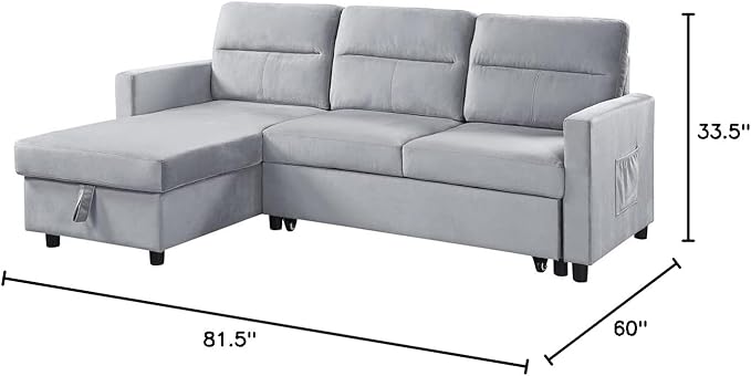 Velvet Reversible Sleeper Sectional Sofa with Storage Chaise and Side Pocket, Pull Out Couch Bed for Living Room, Apartment, Compact Space, Light Gray, 81.5 - LeafyLoom