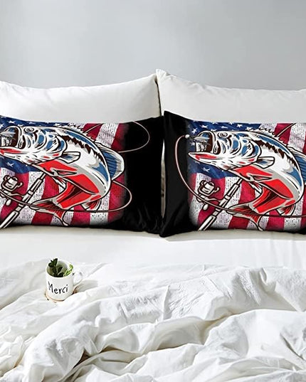 Fishing Comforter King Bass Fish American Flag Bedding Set Farmhouse Pike Fishing Comforter Set for Kids Boys Girls Teens Room Wild Fish Decor Red Blue Stripe Quilt Down Comforter Boys - LeafyLoom