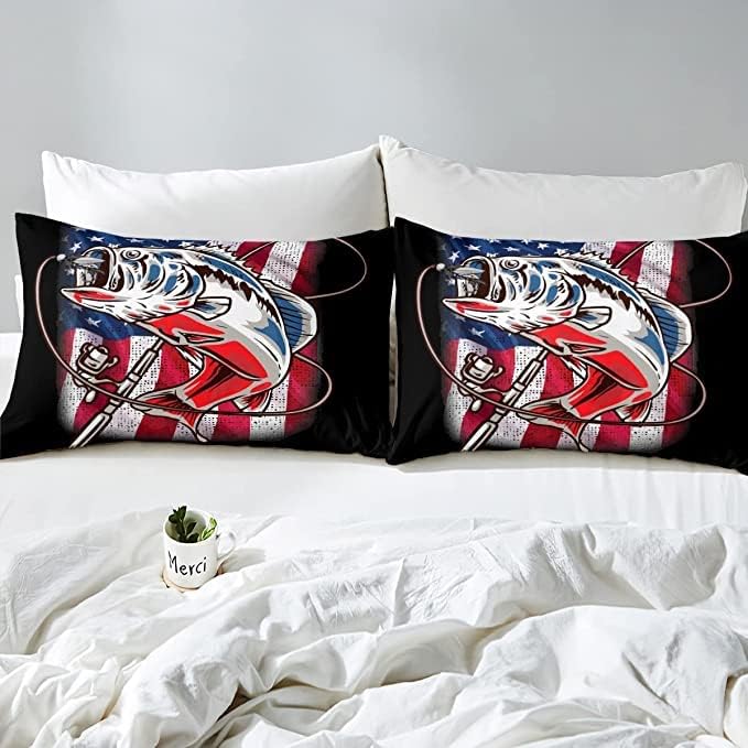 Fishing Comforter King Bass Fish American Flag Bedding Set Farmhouse Pike Fishing Comforter Set for Kids Boys Girls Teens Room Wild Fish Decor Red Blue Stripe Quilt Down Comforter Boys - LeafyLoom