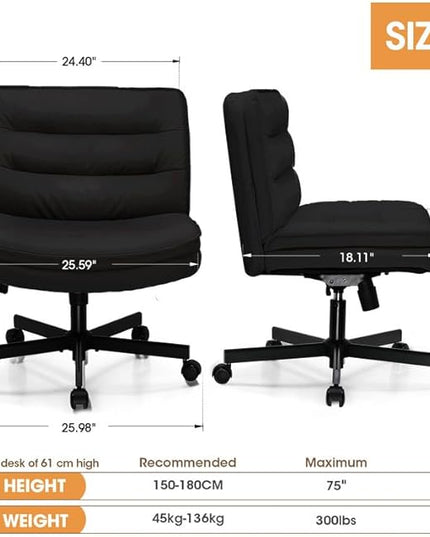 COMHOMA Criss Cross Chair with Wheels, Armless Wide Cross Legged Office Chair Mid Back, Modern Home Office Desk Chair Swivel Adjustable Vanity Computer Chair, Black - LeafyLoom