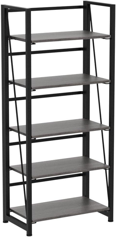 No-Assembly Folding Bookshelf Storage Shelves 5 Tiers Vintage Multifunctional Plant Flower Stand Storage Rack Shelves Bookcase for Home Office (Gray and Black) - LeafyLoom