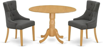 East West Furniture Dublin 3 Piece Dinette Set for Small Spaces Contains a Round Table with Dropleaf and 2 Dark Gotham Linen Fabric Parson Dining Chairs, 42x42 Inch, DLFR3-OAK-20 - LeafyLoom