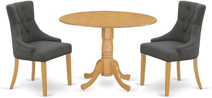 East West Furniture Dublin 3 Piece Dinette Set for Small Spaces Contains a Round Table with Dropleaf and 2 Dark Gotham Linen Fabric Parson Dining Chairs, 42x42 Inch, DLFR3-OAK-20 - LeafyLoom
