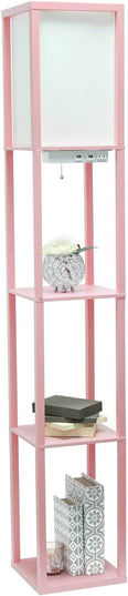 Simple Designs LF1037-LPK Floor Lamp Etagere Organizer Storage Shelf with 2 USB Charging Ports, 1 Charging Outlet and Linen Shade, Light Pink - LeafyLoom