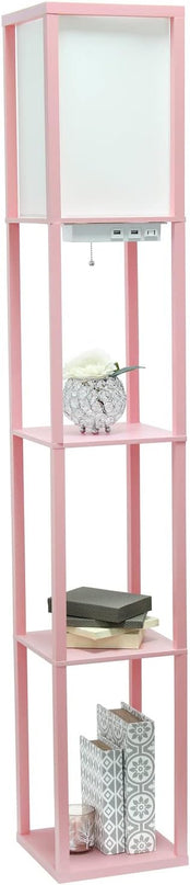 Simple Designs LF1037-LPK Floor Lamp Etagere Organizer Storage Shelf with 2 USB Charging Ports, 1 Charging Outlet and Linen Shade, Light Pink - LeafyLoom