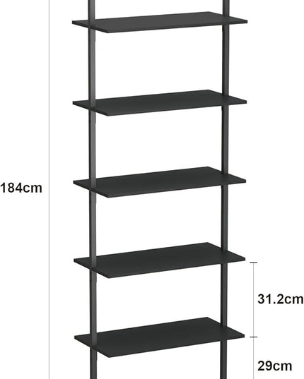 Panana Industrial 5 Tier Ladder Shelf, Open Space Book Shelf Wall Mount Bookshelf with Metal Frame Sturdy Bookcase for Living Room (Black, 5 Tier) - LeafyLoom