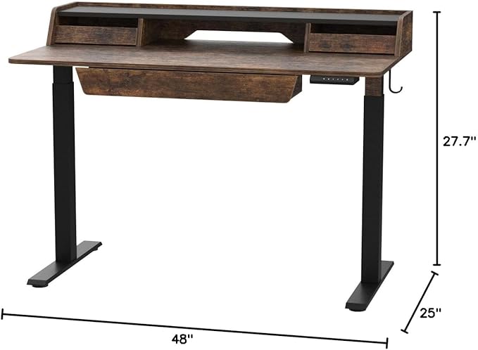 FEZIBO Standing Desk Adjustable Height with Drawers, 48 x 25 Inch Stand Up Desk with Storage Shelf, Electric Standing Desk with Storage Space, Rustic Brown Top/Black Frame - LeafyLoom