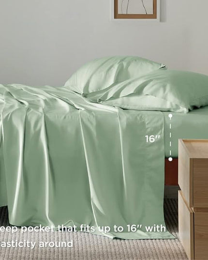 Bedsure California King Sheet Sets, Cooling Sheets, Rayon Derived from Bamboo, Deep Pocket Up to 16", Breathable & Soft Bed Sheets, Hotel Luxury Silky Bedding Sheets & Pillowcases, Sage Green - LeafyLoom