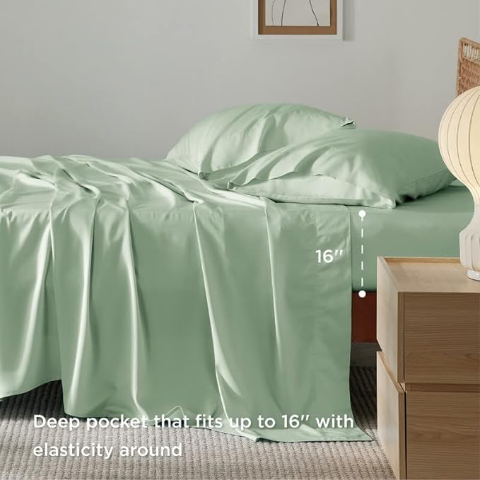Bedsure California King Sheet Sets, Cooling Sheets, Rayon Derived from Bamboo, Deep Pocket Up to 16", Breathable & Soft Bed Sheets, Hotel Luxury Silky Bedding Sheets & Pillowcases, Sage Green - LeafyLoom