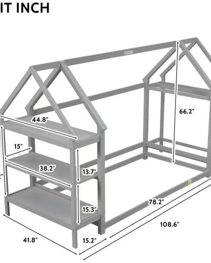 Twin Size Wood House Bed,Wood Platform Bed with Storage Shelves and Hanger,Floor Twin Size Montessori Bed Frame, Kids Boys Girls Bedroom,Living Room,No Box Spring Required,Grey - LeafyLoom