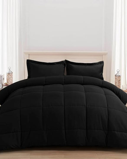 AMGUI King Comforter Set 3 Pieces - Goose Down Alternative with 2 Pillow Shams - Extra Thick - Soft and Comfortable - Machine Washable (King,Black) - LeafyLoom