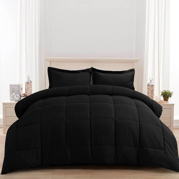 AMGUI California King Comforter Set 3 Pieces - Goose Down Alternative with 2 Pillow Shams - Extra Thick - Soft and Comfortable - Machine Washable (California King,Black) - LeafyLoom