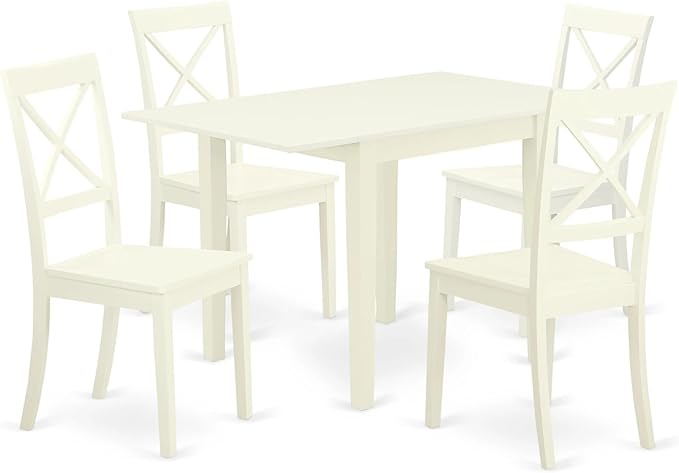 East West Furniture NDBO5-LWH-W Norden 5 Piece Room Set Includes a Rectangle Dining Table with Dropleaf and 4 Wood Seat Chairs, 30x48 Inch, Linen White - LeafyLoom