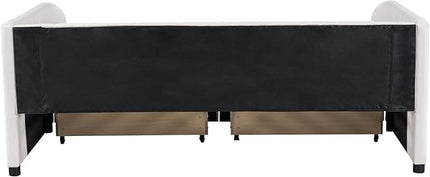 Modern Twin Size Upholstered Daybed Frame with Storage Drawers, Elegant Velvet Fabric Sofa Bed with Ergonomic Design Backrest and Armrests, No Box Spring Needed, Beige - LeafyLoom