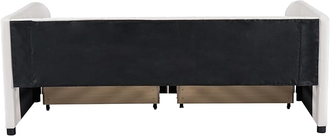 Modern Twin Size Upholstered Daybed Frame with Storage Drawers, Elegant Velvet Fabric Sofa Bed with Ergonomic Design Backrest and Armrests, No Box Spring Needed, Beige - LeafyLoom