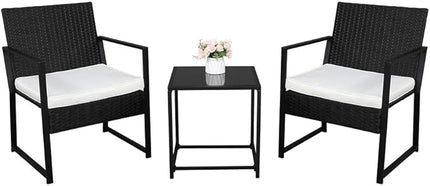 Outvita 3PCS Rattan Conversation Set, Outdoor Wicker Furniture Bistro Set 2 Chairs and Glass Top Table for Small Balcony Backyard Patio(Black) - LeafyLoom