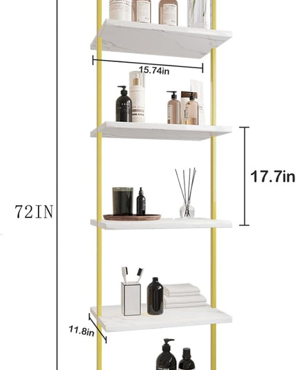 Ladder Shelf 5 Tiers Metal Industrial Bookshelf,White Marble Wood Tall Open Storage Rack and Display Shelves,Wall Mount Wide Book Case for Home Office Bedroom,Small - LeafyLoom
