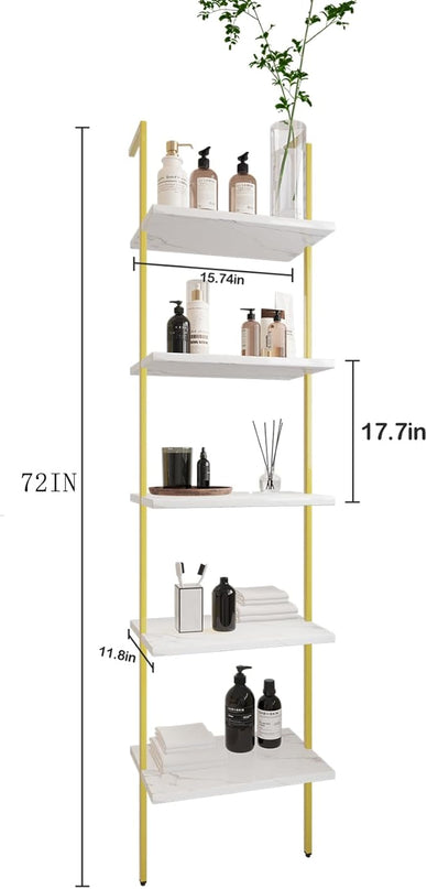 Ladder Shelf 5 Tiers Metal Industrial Bookshelf,White Marble Wood Tall Open Storage Rack and Display Shelves,Wall Mount Wide Book Case for Home Office Bedroom,Small - LeafyLoom