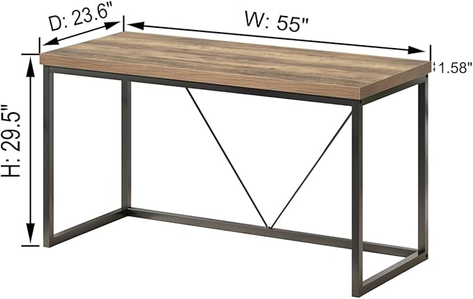 FOLUBAN Modern Computer Desk, Rustic Wood and Metal Writing Desk, Vintage PC Table for Home Office, Oak 55 inch - LeafyLoom