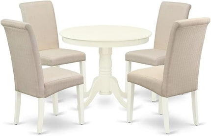 East West Furniture ANBA5-LWH-01 5 Piece Modern Set Includes a Round Kitchen Table with Pedestal and 4 Cream Linen Fabric Parsons Dining Chairs, 36x36 Inch - LeafyLoom