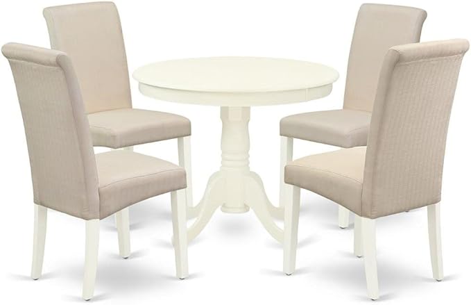 East West Furniture ANBA5-LWH-01 5 Piece Modern Set Includes a Round Kitchen Table with Pedestal and 4 Cream Linen Fabric Parsons Dining Chairs, 36x36 Inch - LeafyLoom