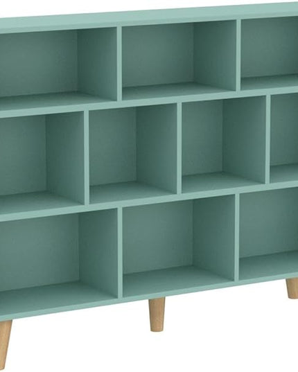 IOTXY Wooden Open Shelf Bookcase - 3-Tier Floor Standing Display Cabinet Rack with Legs, 10 Cubes Bookshelf, Tiffany-Green - LeafyLoom