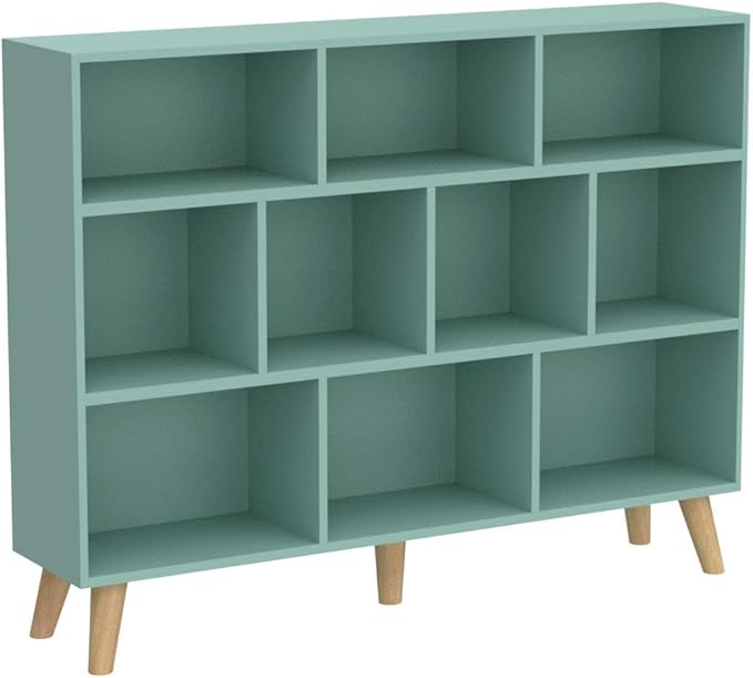IOTXY Wooden Open Shelf Bookcase - 3-Tier Floor Standing Display Cabinet Rack with Legs, 10 Cubes Bookshelf, Tiffany-Green - LeafyLoom