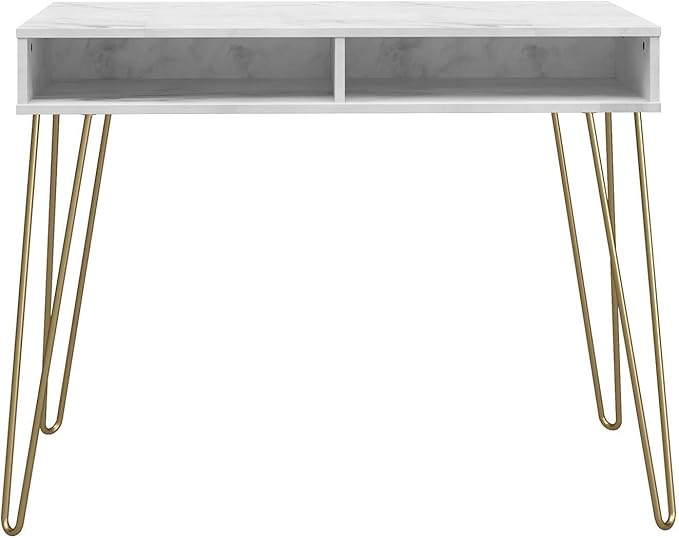Novogratz Athena Computer Desk with Storage, White Marble - LeafyLoom