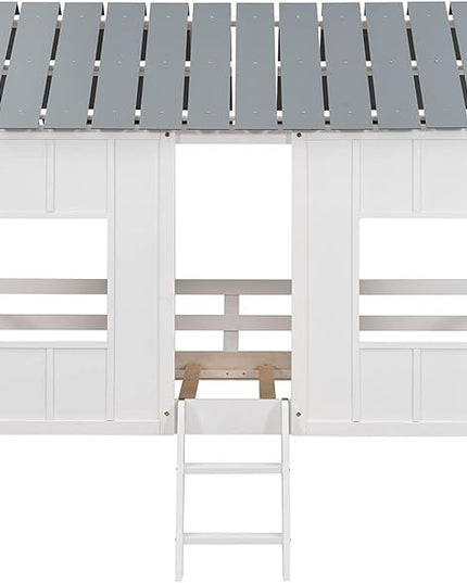 Twin Size Low Loft House Bed with Roof and Two Front Windows, Perfect for Kids Bedroom,Space Saving Design & No Box Spring Needed,80.4"x45.2"x71.4", White - LeafyLoom