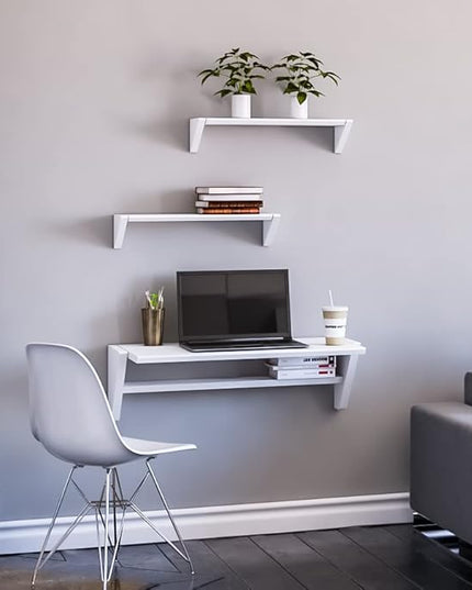 Reversible Wall Desk, White Floating Desk with Wall Mounted Shelf for Computer, Home, Office, Bedroom, Living, Kitchen and Study - L - LeafyLoom